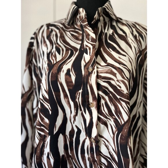 Brown & Ivory Zebra Print Button-Up Long Sleeve Blouse with Pleat Back - Picture 1 of 8